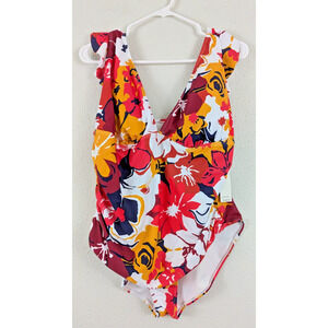 New Ann Cole sz 18W One Piece Swimsuit floral ruffle shoulders swim 3139